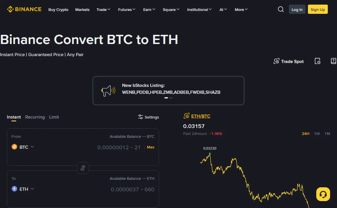 The public Binance Convert page for BTC to ETH: the subtitle reads Instant Price, Guaranteed Price, Any Pair; tabs for Instant, Recurring and Limit; the From field shows BTC with an input range of 0.00000012 - 21 and the To field shows ETH; an ETH/BTC chart on the right reads 0.03157; a Trade Spot button sits top right