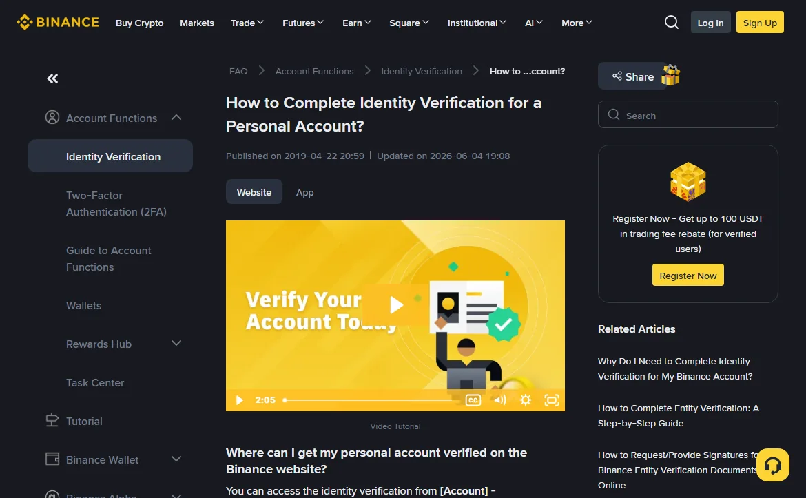 Binance help centre page How to Complete Identity Verification for a Personal Account, updated 2026-06-04, with related articles listed on the right