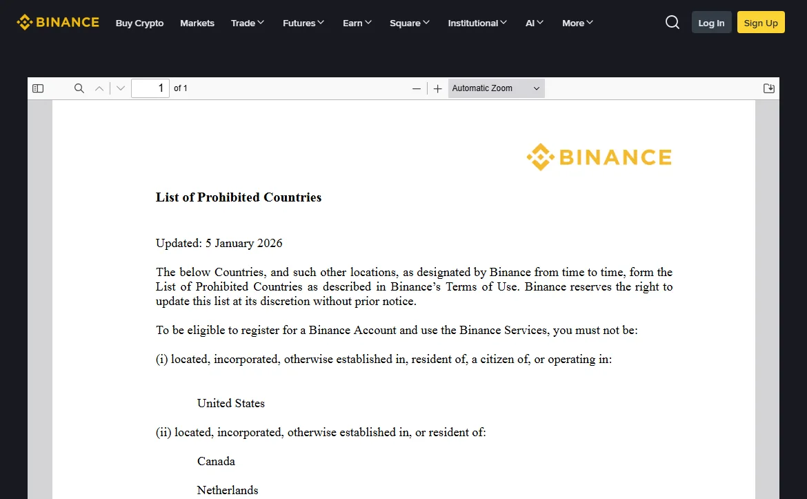 Binance List of Prohibited Countries page showing the PDF title, the update date 5 January 2026, the United States in group one and Canada and the Netherlands in group two