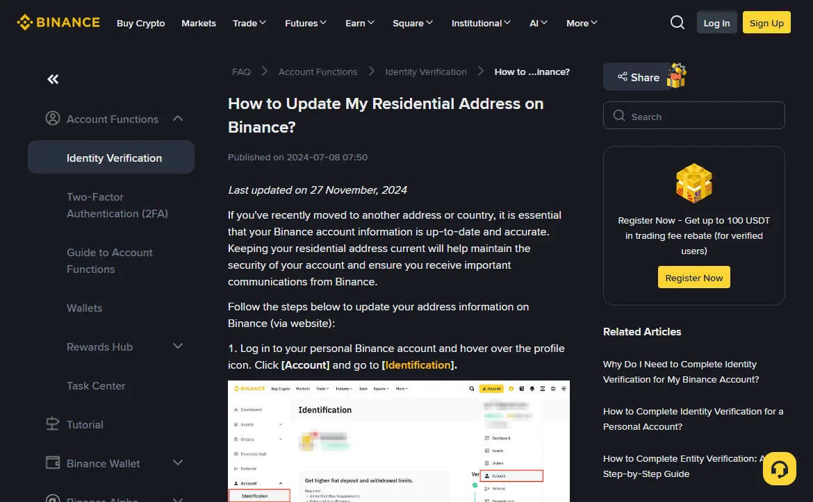 Binance help centre page How to Update My Residential Address on Binance, last updated 27 November 2024, showing step 1 with the Identification menu